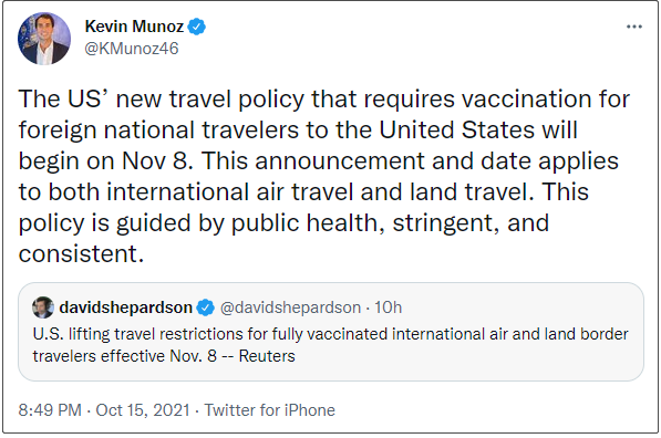美国将于11月8日全面取消旅行禁令